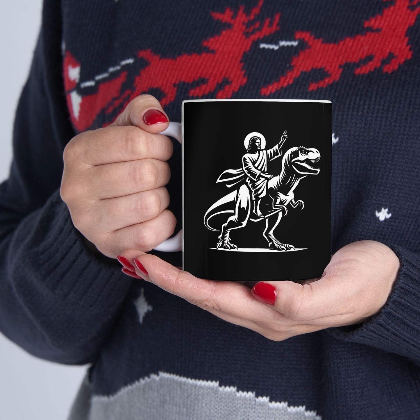 Jesus Riding a Dinosaur - Funny Ceramic Mug